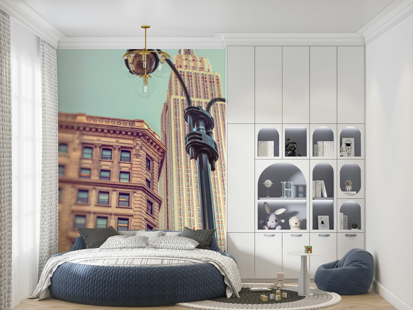 Street level New York landmark majesty mural, classic lamps visible.