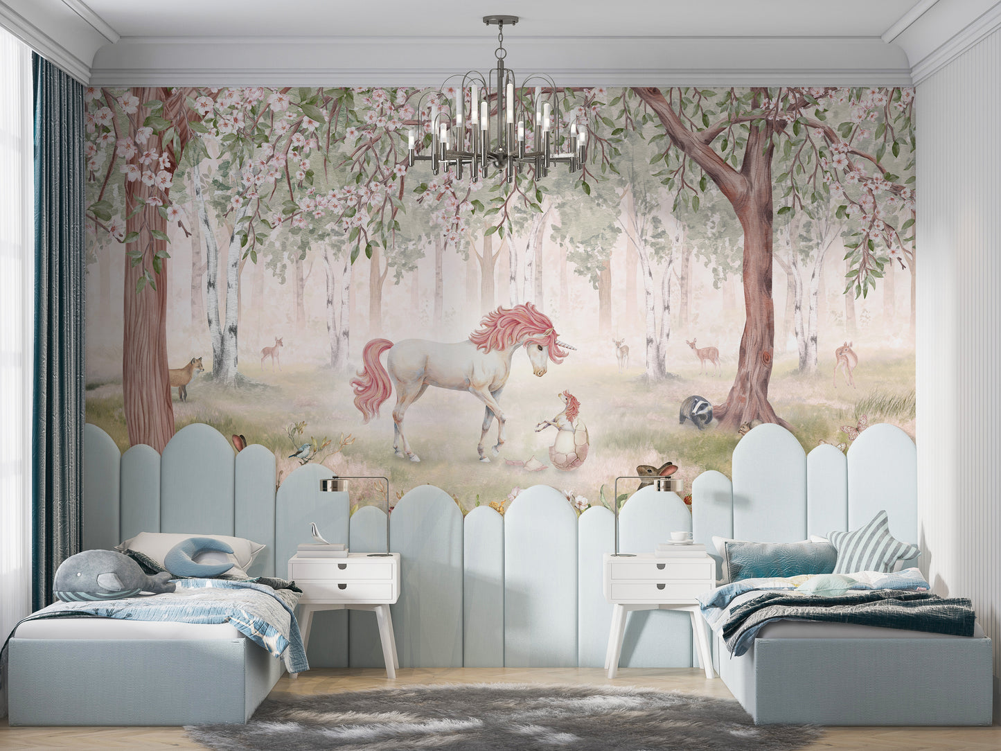 Self adhesive Unicorn Forest Green Wallpaper Mural in a corner with a wooden bench and a classic rocking horse.
