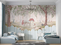 Self adhesive Unicorn Forest Green Wallpaper Mural in a corner with a wooden bench and a classic rocking horse.