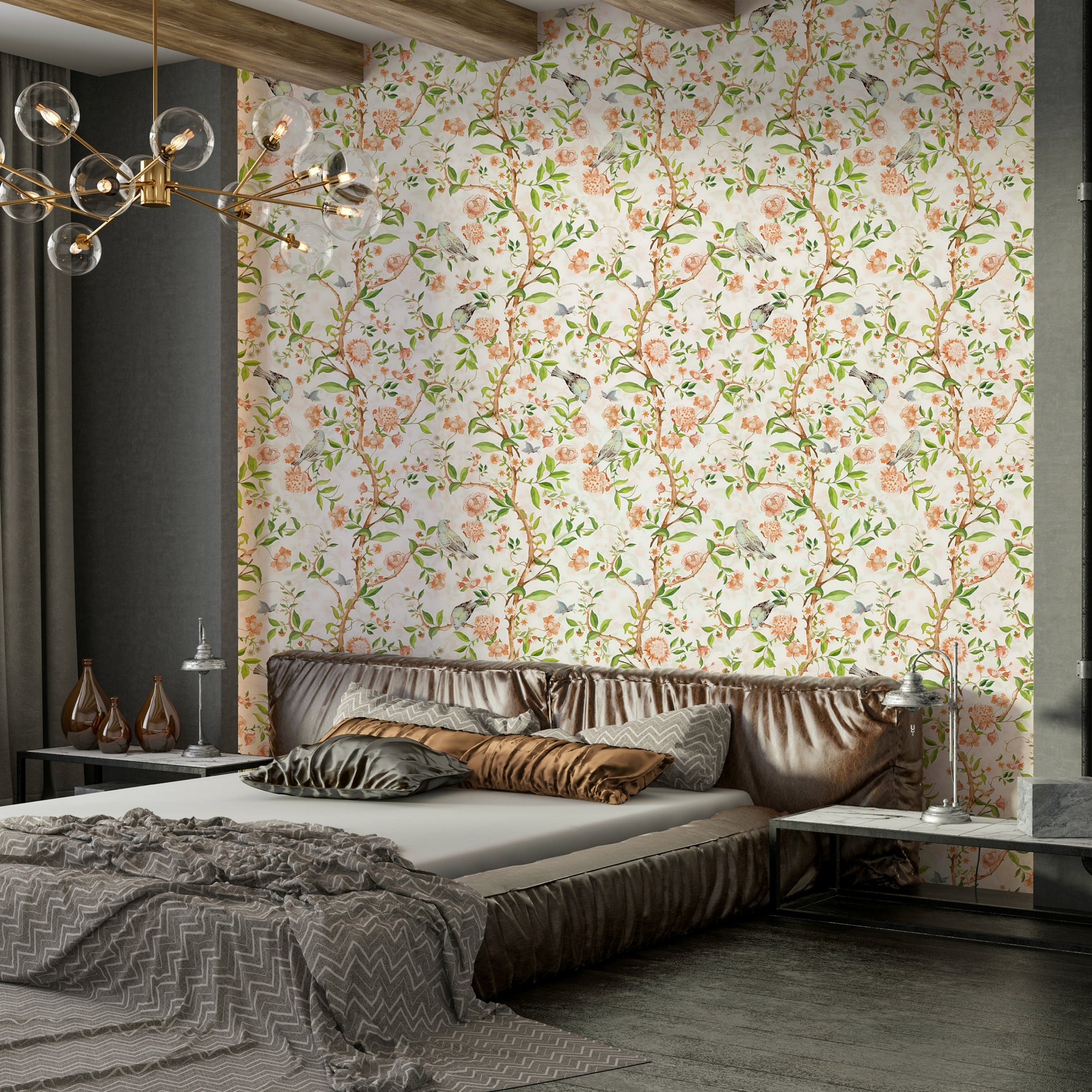 Enchanted Chinoiserie Garden wallpaper with watercolor botanical elements.

