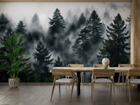 The image shows an artistic impression of a serene forest scene with mist.

