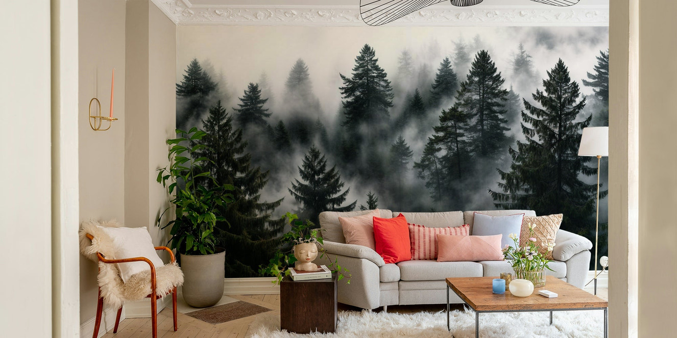 A wall mural of a peaceful evergreen forest.

