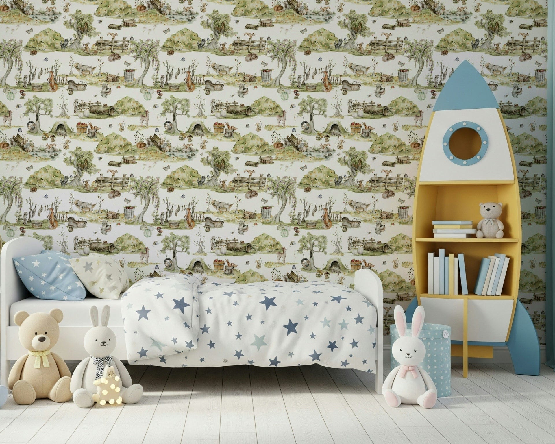Wall covering, magical Forest Tales, soft greenery and resting animals.