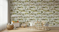 Nursery wallpaper, enchanting Forest Tales, burrow, pumpkins, tree stumps.
