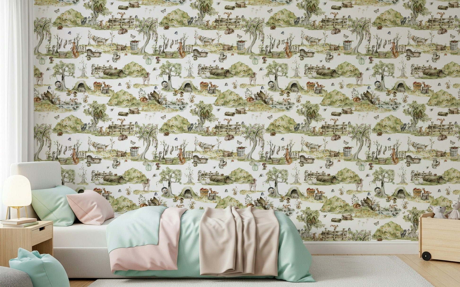 Forest Tales wallpaper for walls, sweet forest animals, light green foliage.