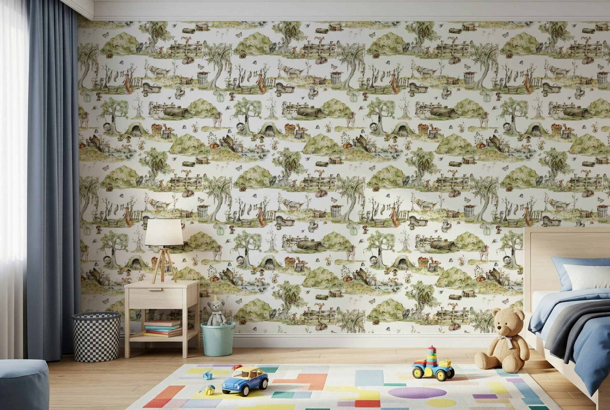 Charming Forest Tales wall mural, cute rabbit and squirrel nature scene.