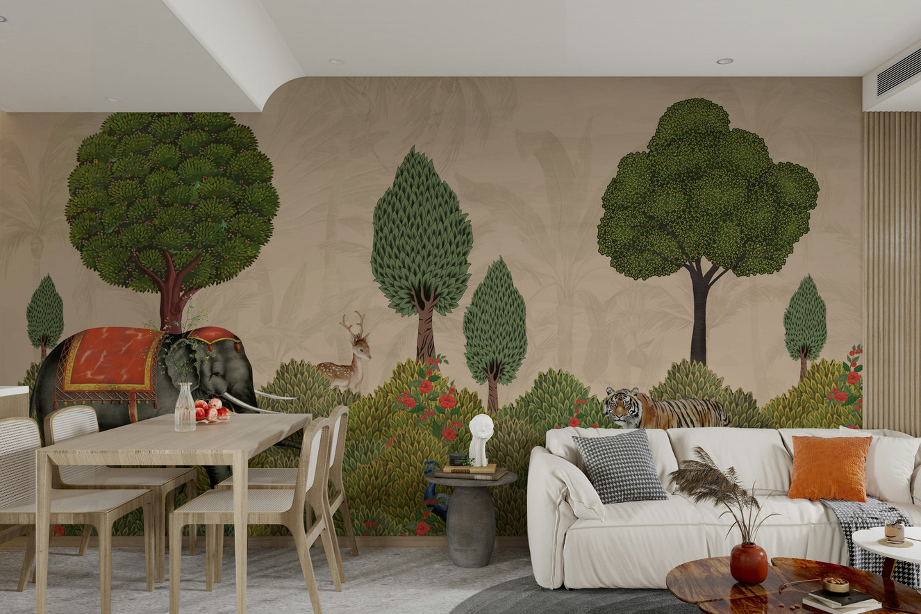 A graceful subtle tree wall mural in cool, natural tones.


