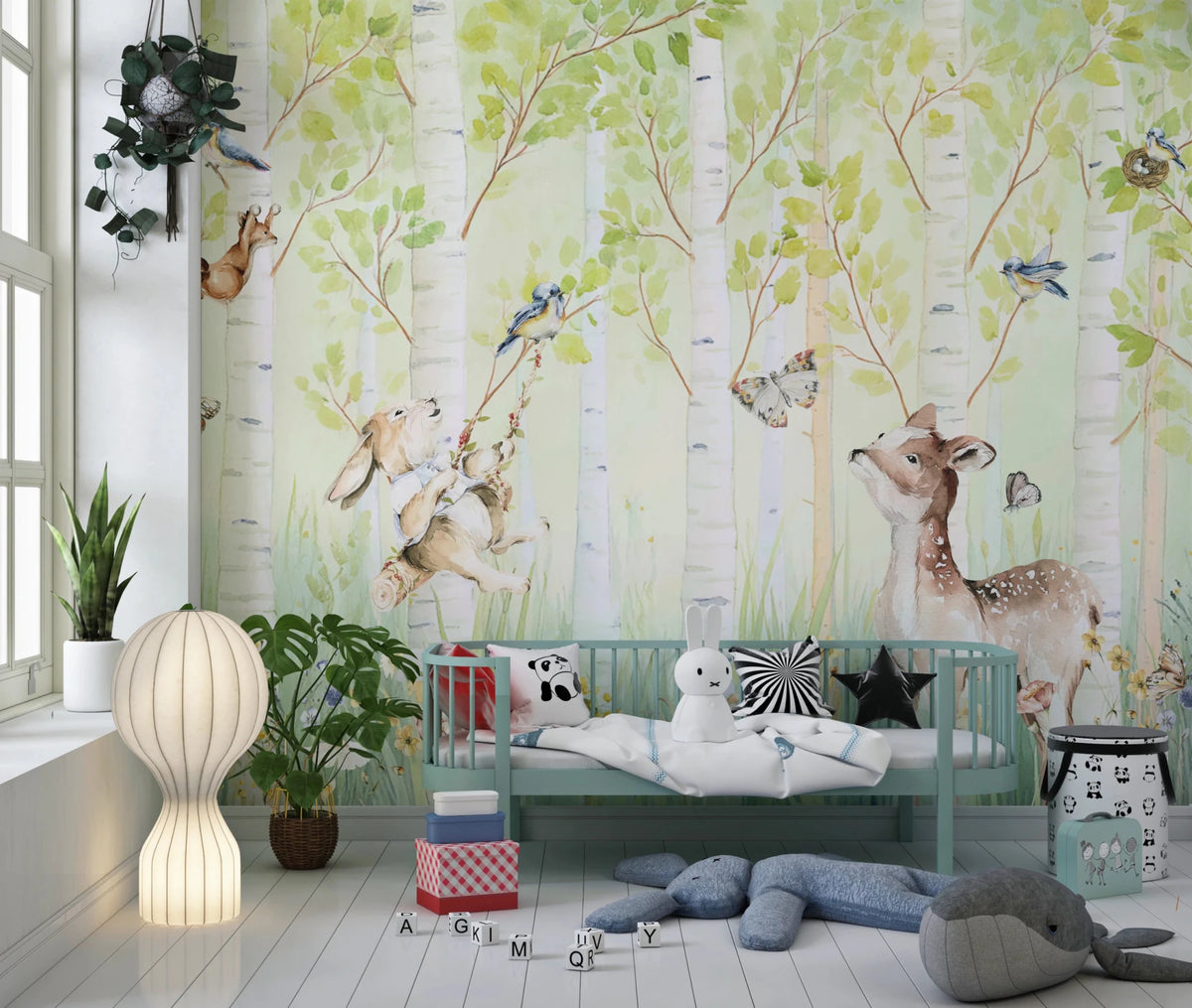 Enchanted Forest Nursery Friends wallpaper mural of birch forest with a fawn and rabbit behind a teal daybed in a kids room