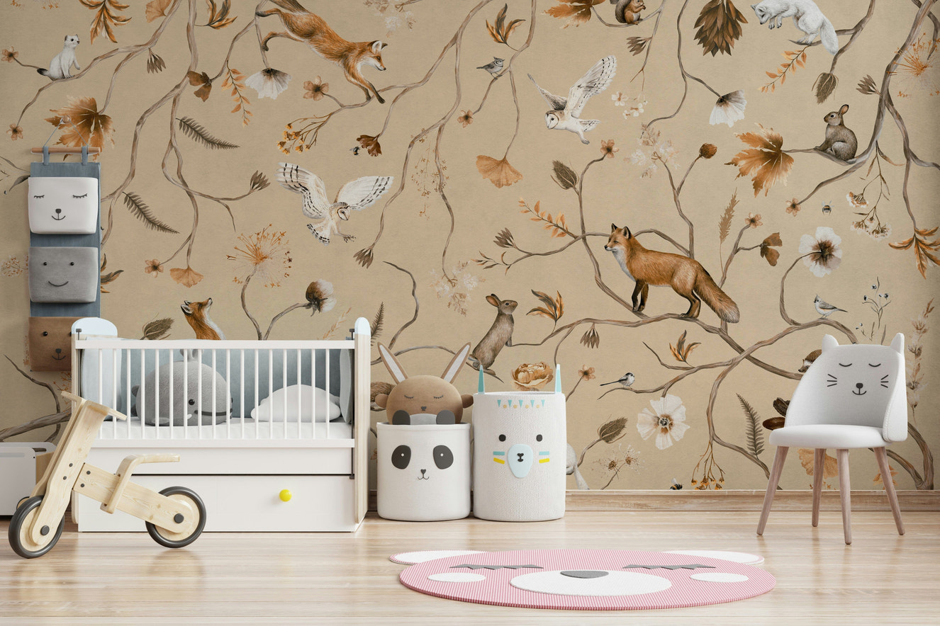 A beautiful forest creature wallpaper mural for a child's room.

