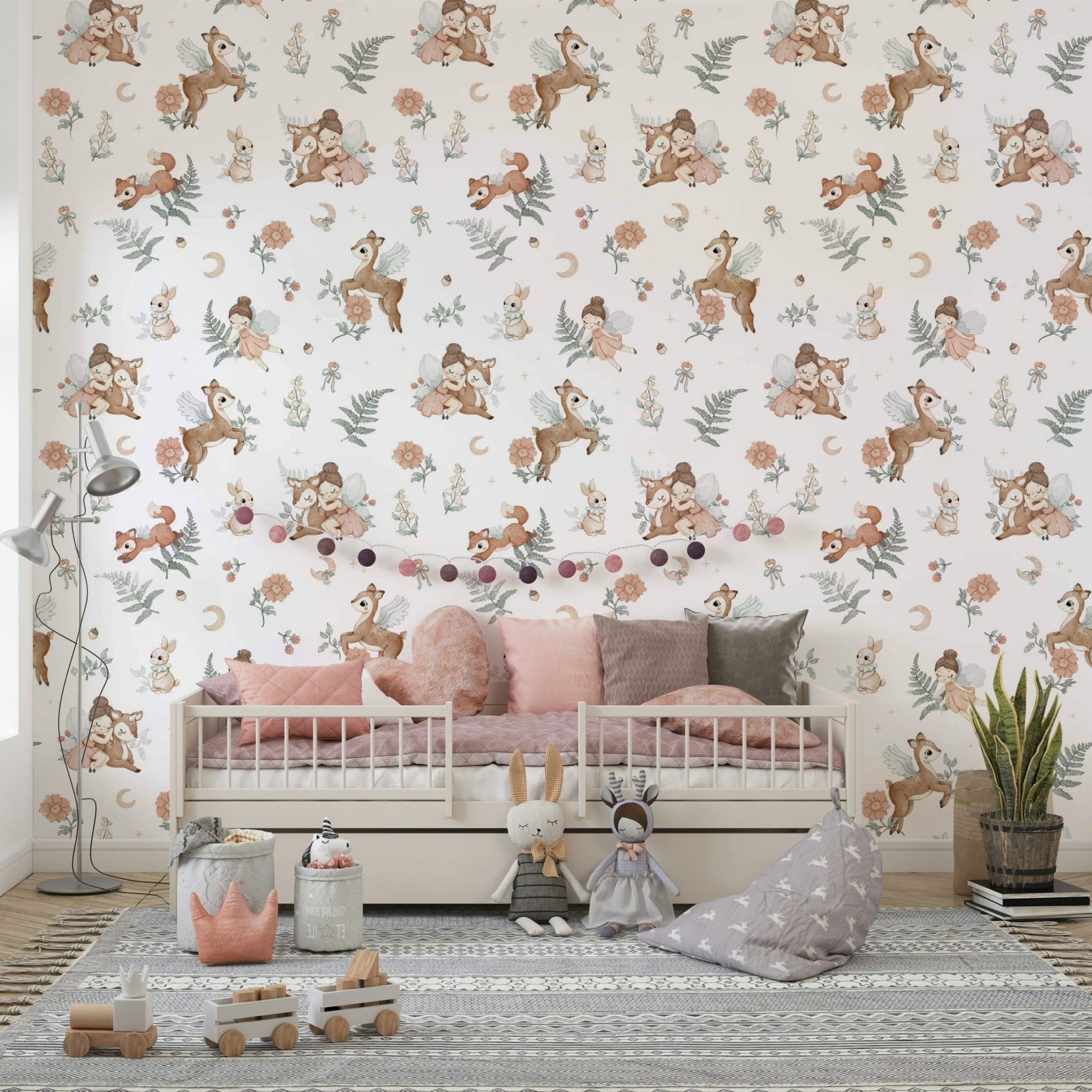 Dreamy forest mural wallpaper with tranquil woodland scene

