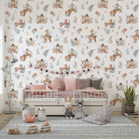 Dreamy forest mural wallpaper with tranquil woodland scene

