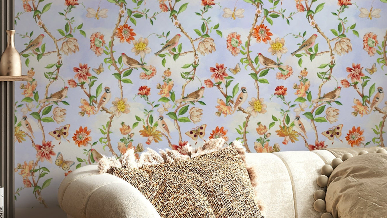 Garden bird mural with detailed foliage and romantic blossoms.

