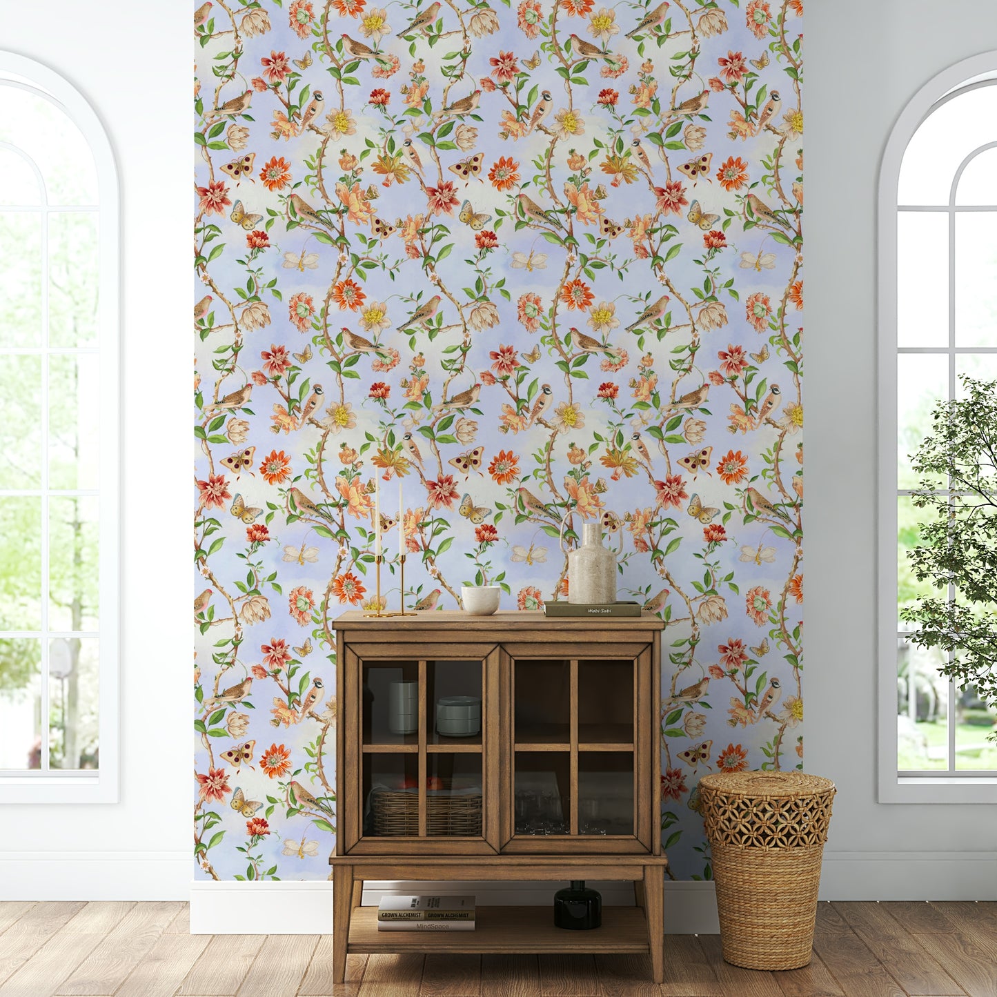 Vintage-style wallpaper with watercolor birds and botanical elements.

