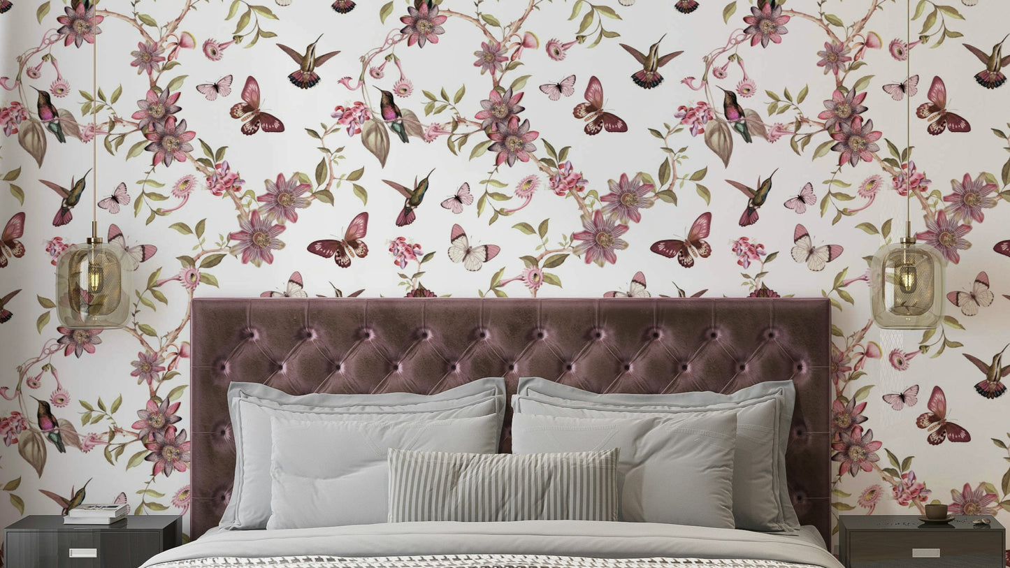 Dark wallpaper with yellow florals, butterflies, and green foliage.

