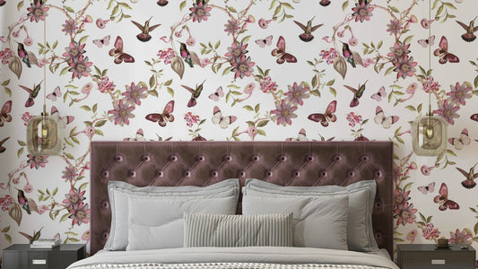 Dark wallpaper with yellow florals, butterflies, and green foliage.


