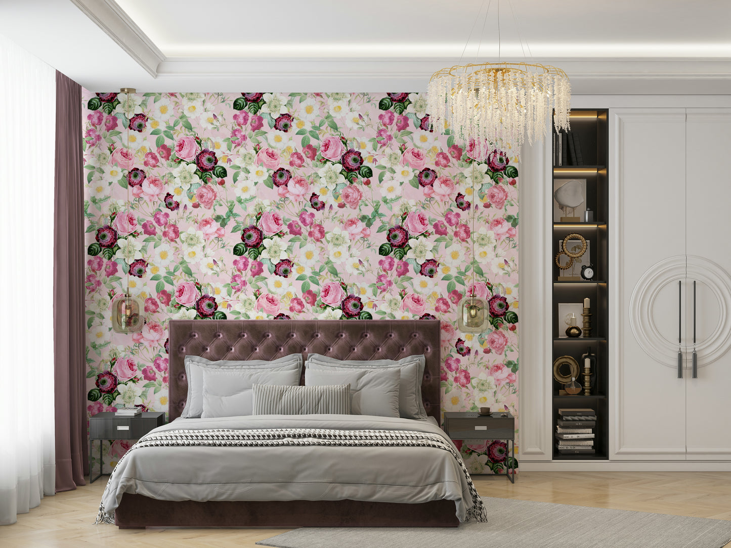 Wall mural with roses and greenery for serene interiors

