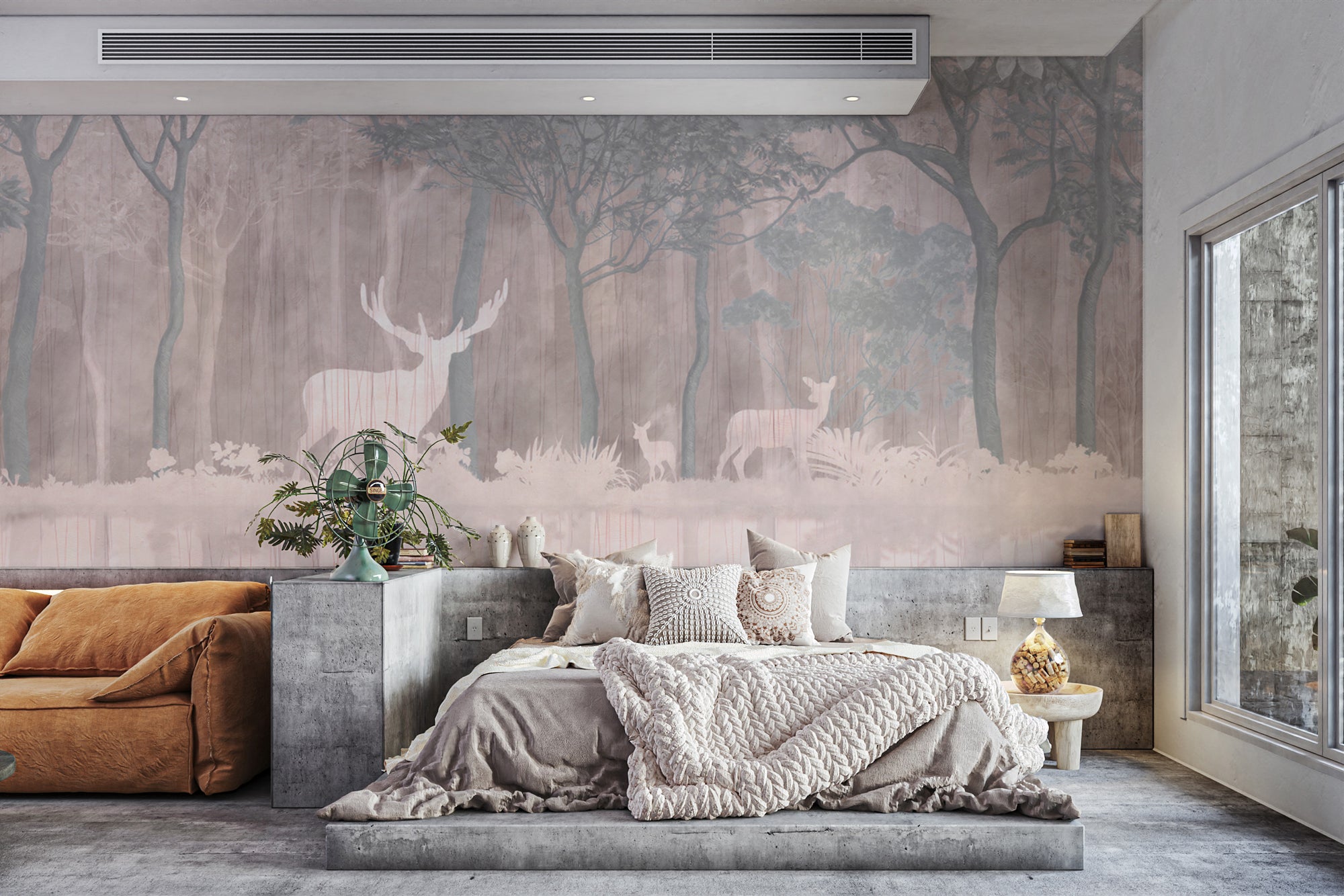 Enchanted Jungle Deer Mirage wallpaper mural with white deer in pink misty forest behind a low bedroom bed