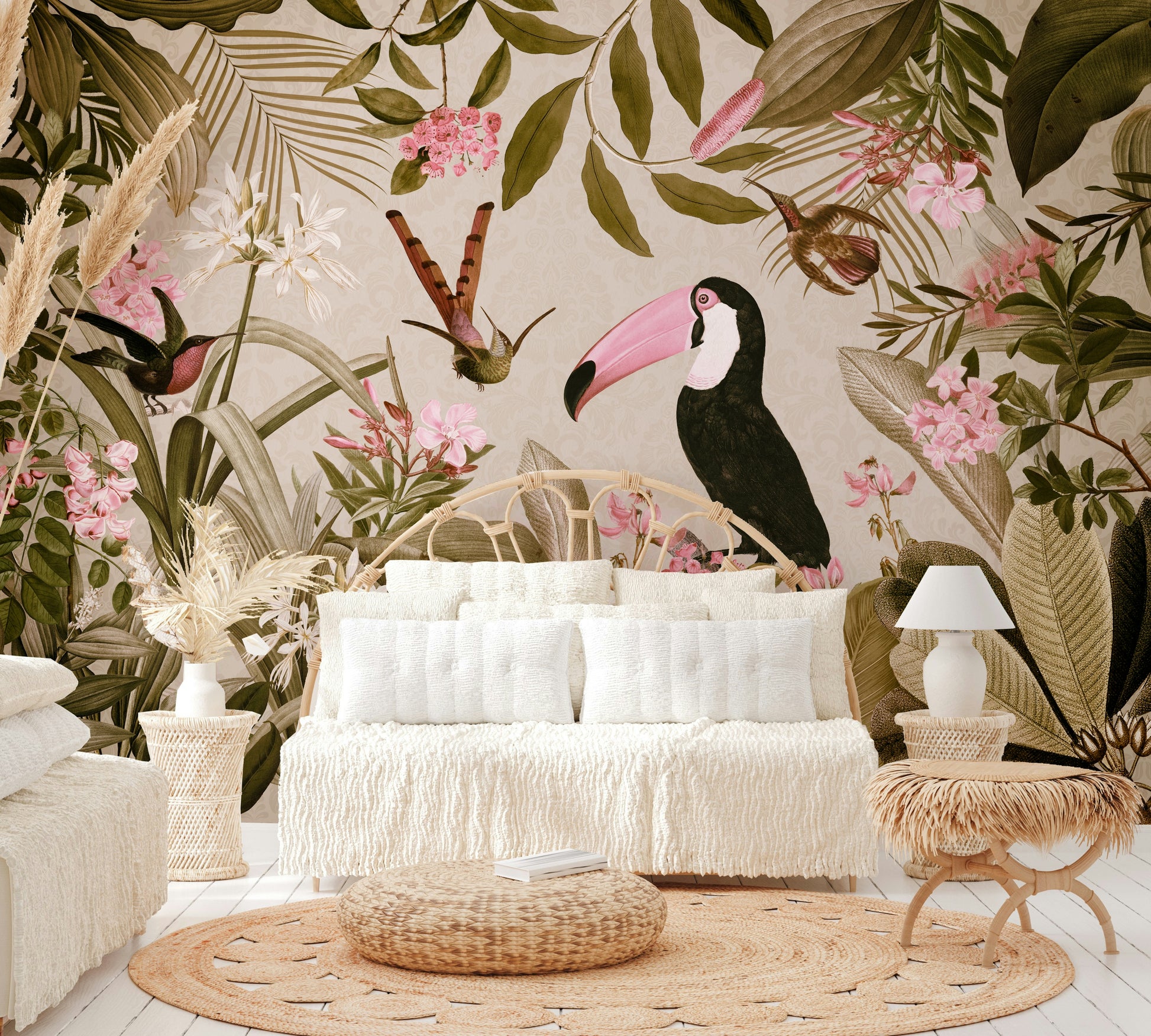 Nature-inspired jungle oasis mural for living rooms and bedrooms

