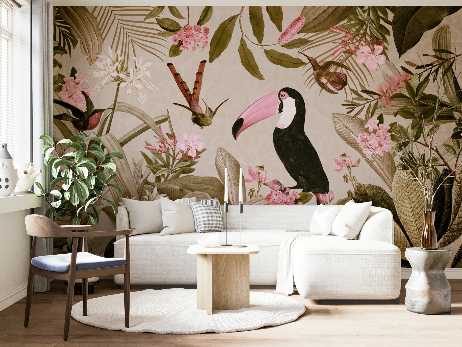 Enchanted Jungle Oasis mural with jungle leaves and vibrant flora


