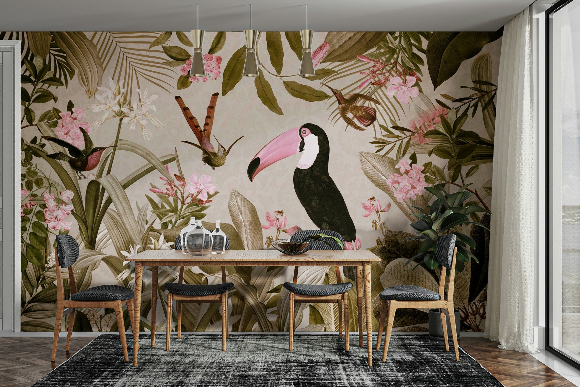 Tropical jungle mural wallpaper with vibrant plants and animals

