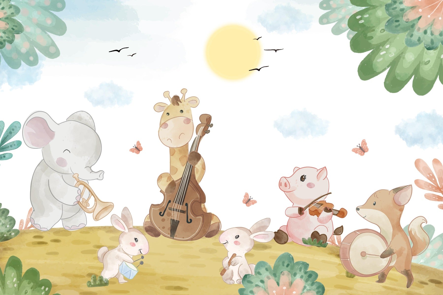 Enchanted Meadow Wall Mural featuring pink wildflowers wallpaper.