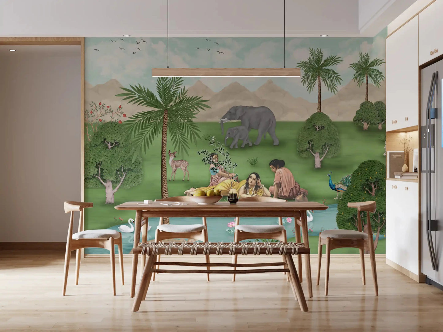 Palm trees and swans wall mural in Mughal landscape style