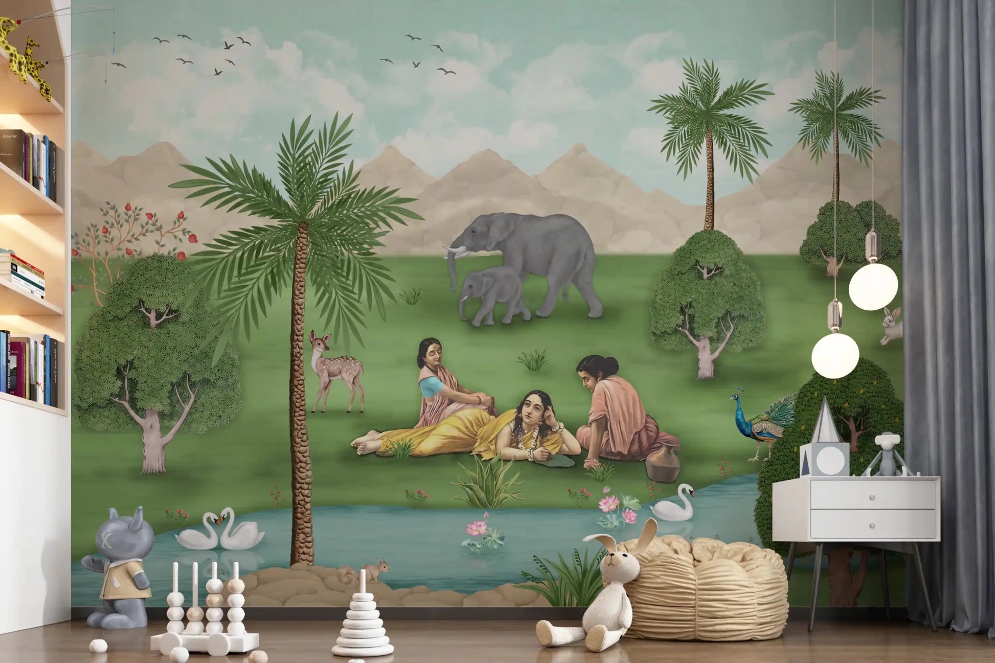 Traditional Mughal garden scene wall mural with soft greenery