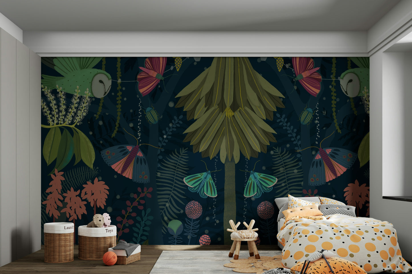 Mystical garden scene mural with moonlight for a tranquil space.

