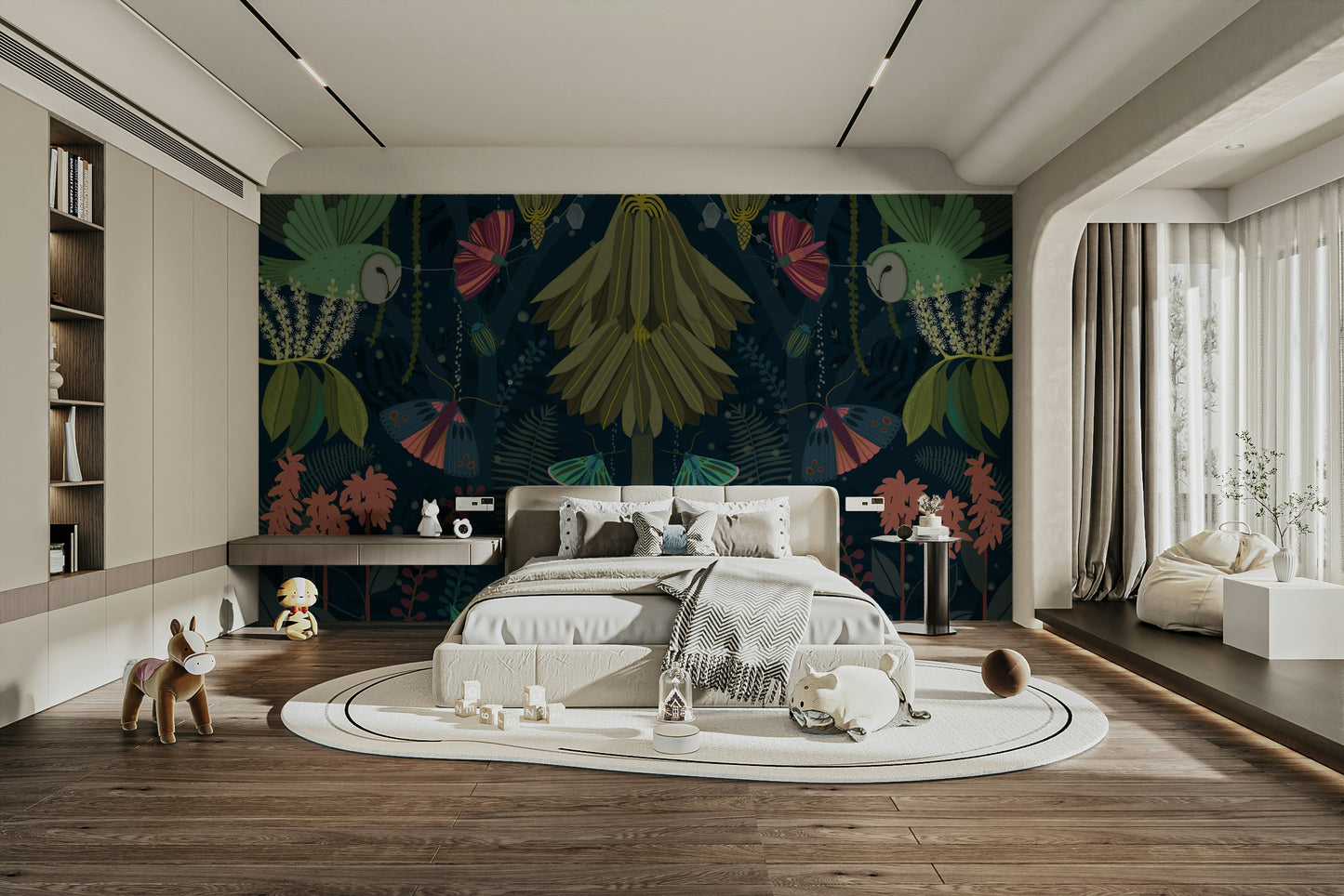 Enchanted night garden mural with lush foliage and peaceful vibes.

