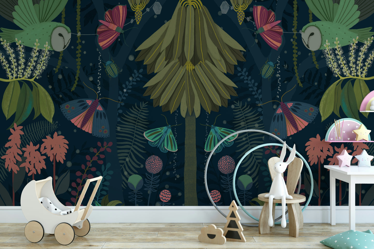 Nighttime garden mural featuring soft moonlight and vibrant plants.

