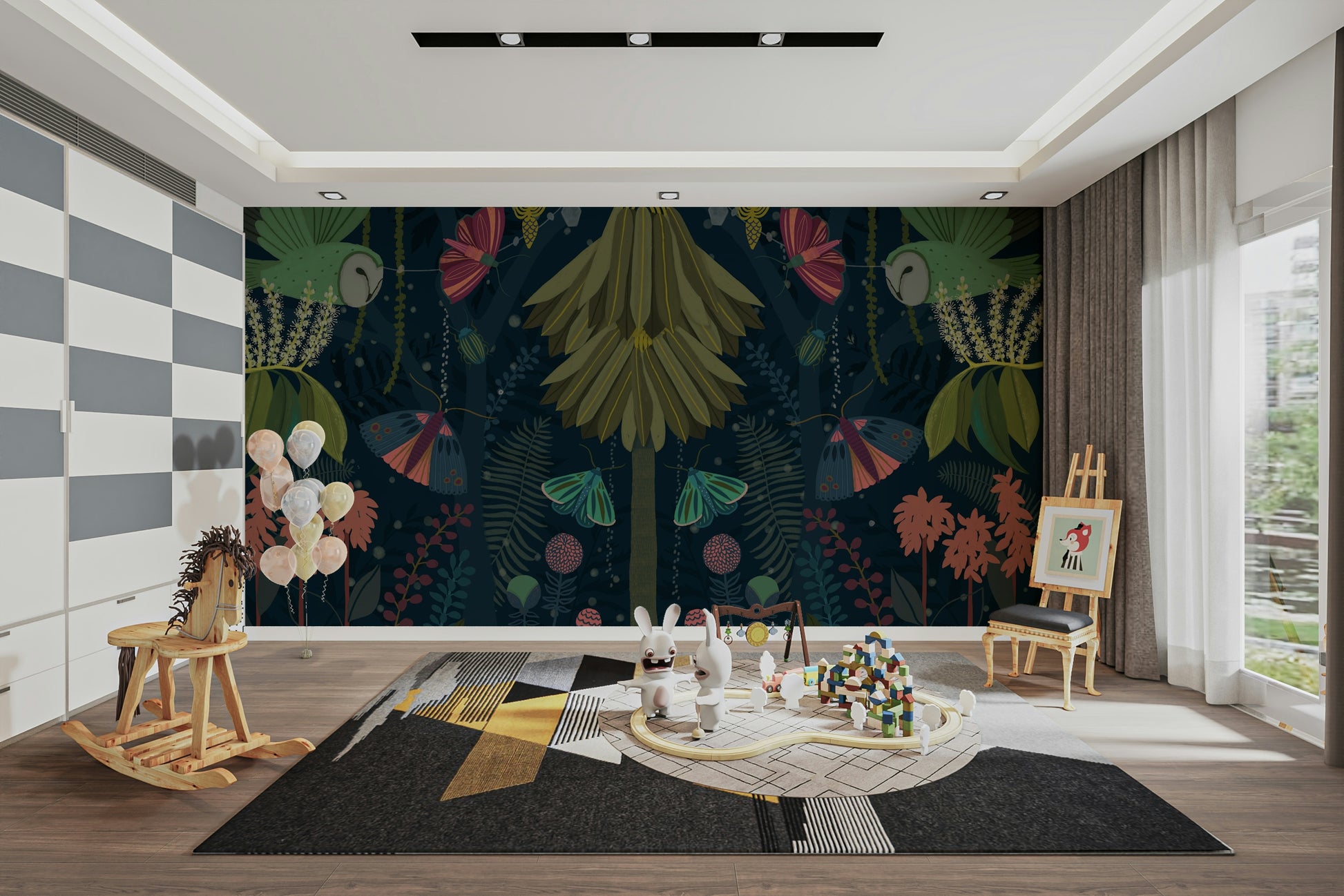 Magical night garden mural with soft moonlight and flowers.

