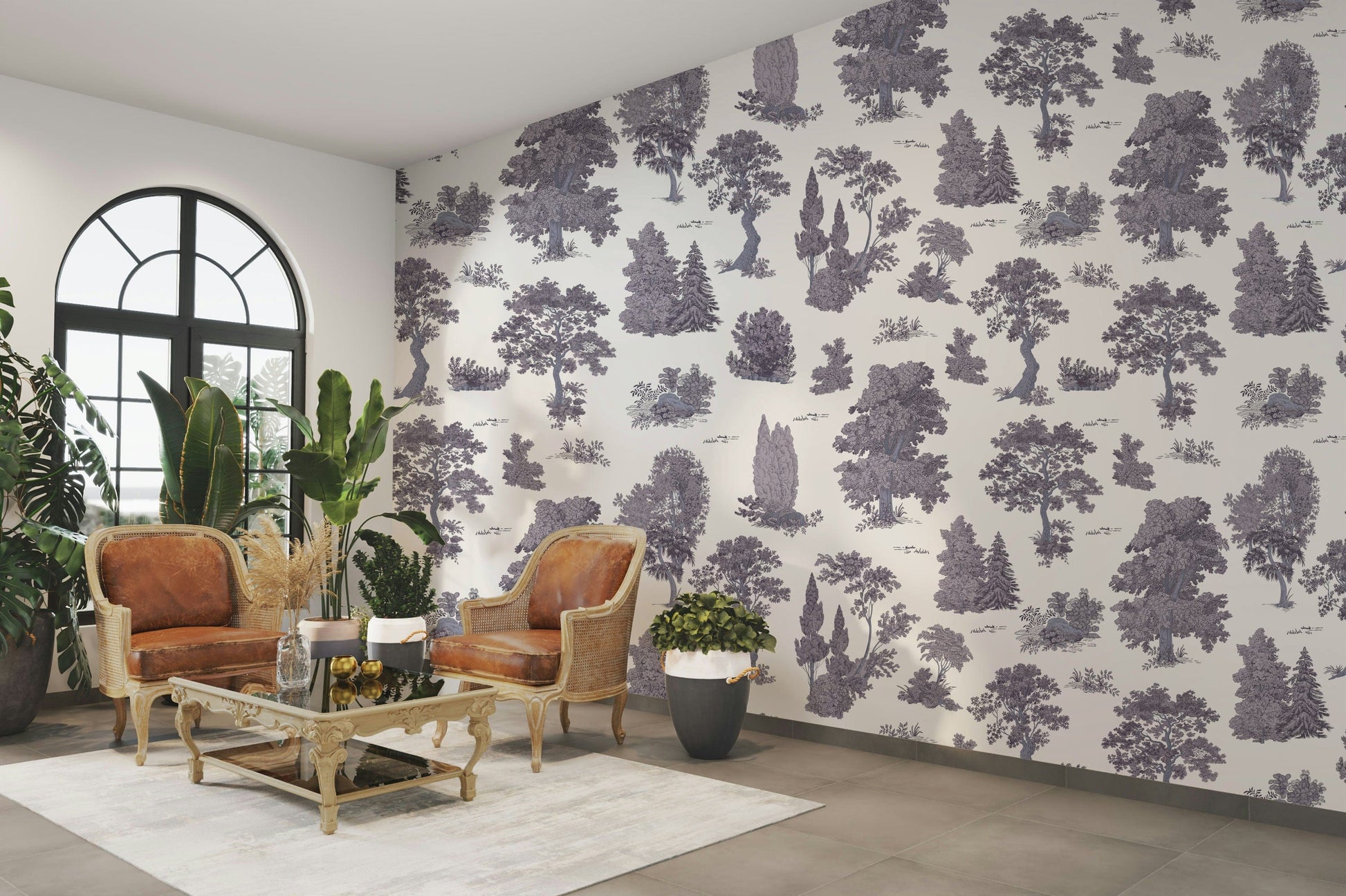 The design features a repeating pattern of soft, delicate, and magical tree shapes.

