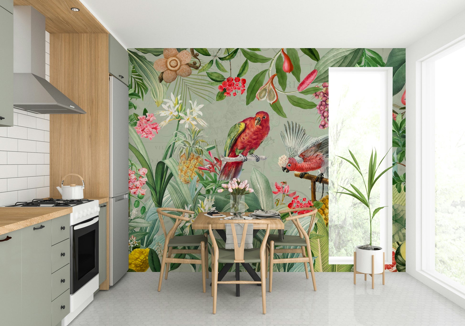 Timeless vintage garden mural with soft greenery

