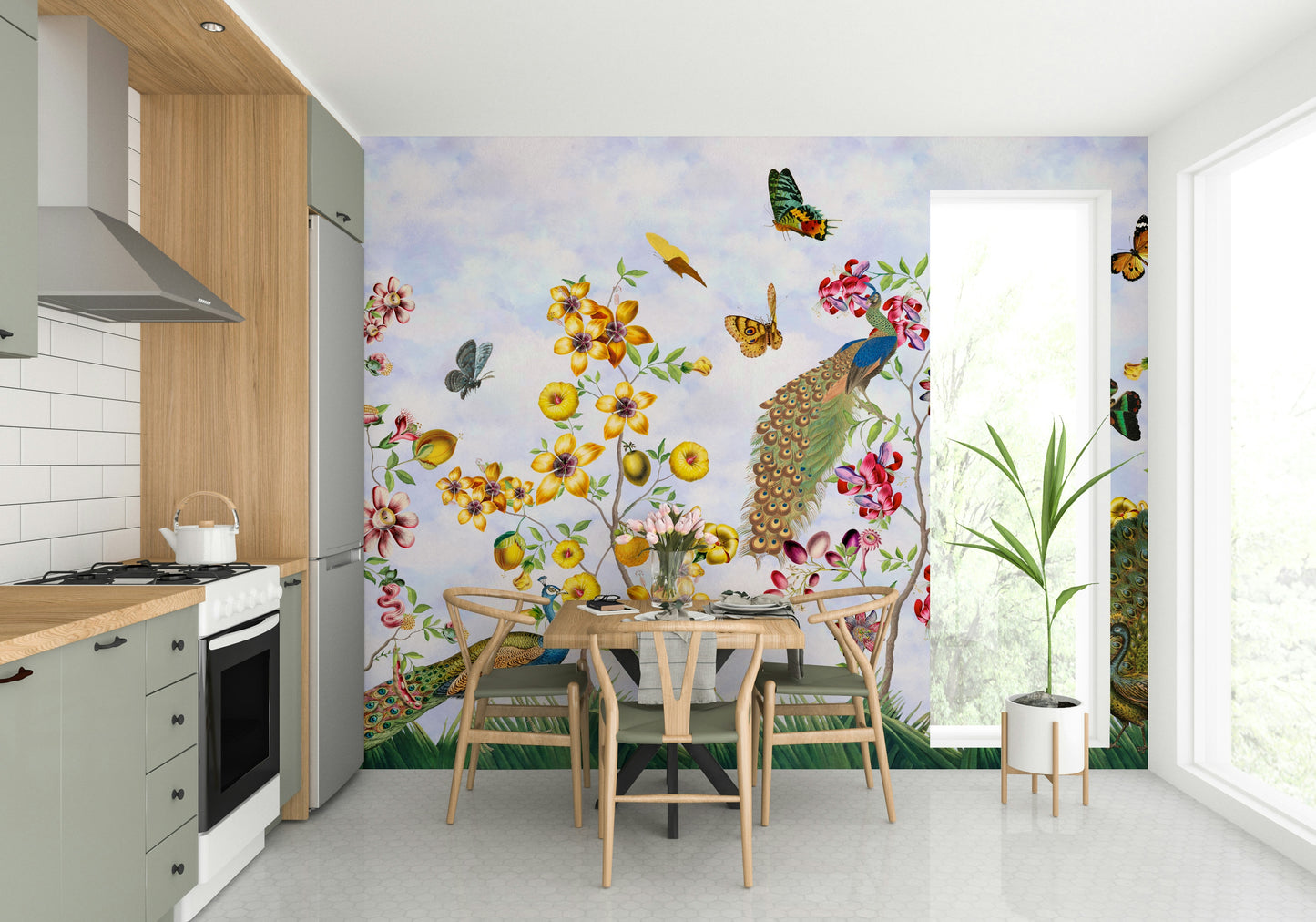 Vibrant peacock wall mural with lush garden backdrop.

