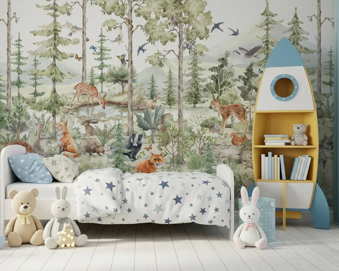 Kids room woodland friends wall mural with deer fox and trees