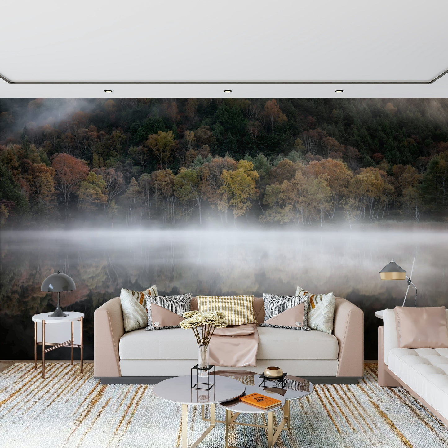 Woodland Reflection wall art, foggy shoreline vista design.