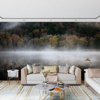 Woodland Reflection wall art, foggy shoreline vista design.