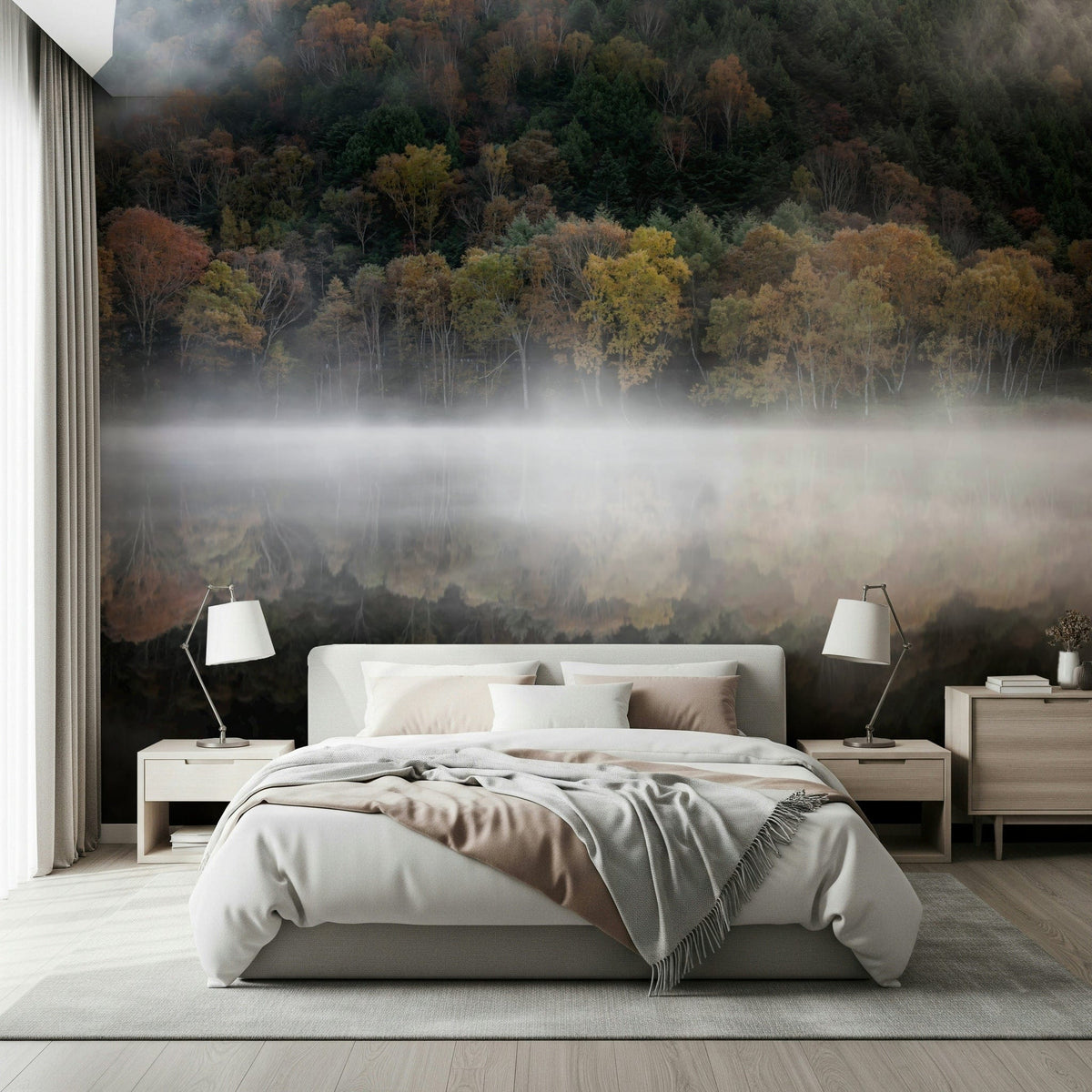 Calm Woodland Reflection photograph, dense hillside backdrop mural.