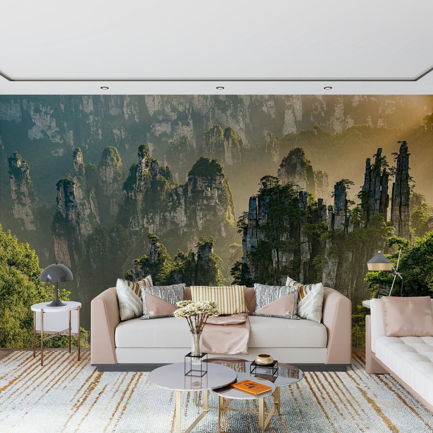 Dramatic rock peaks wallpaper, lush woodland, inspiring natural wonder, artistic.