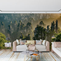 Dramatic rock peaks wallpaper, lush woodland, inspiring natural wonder, artistic.