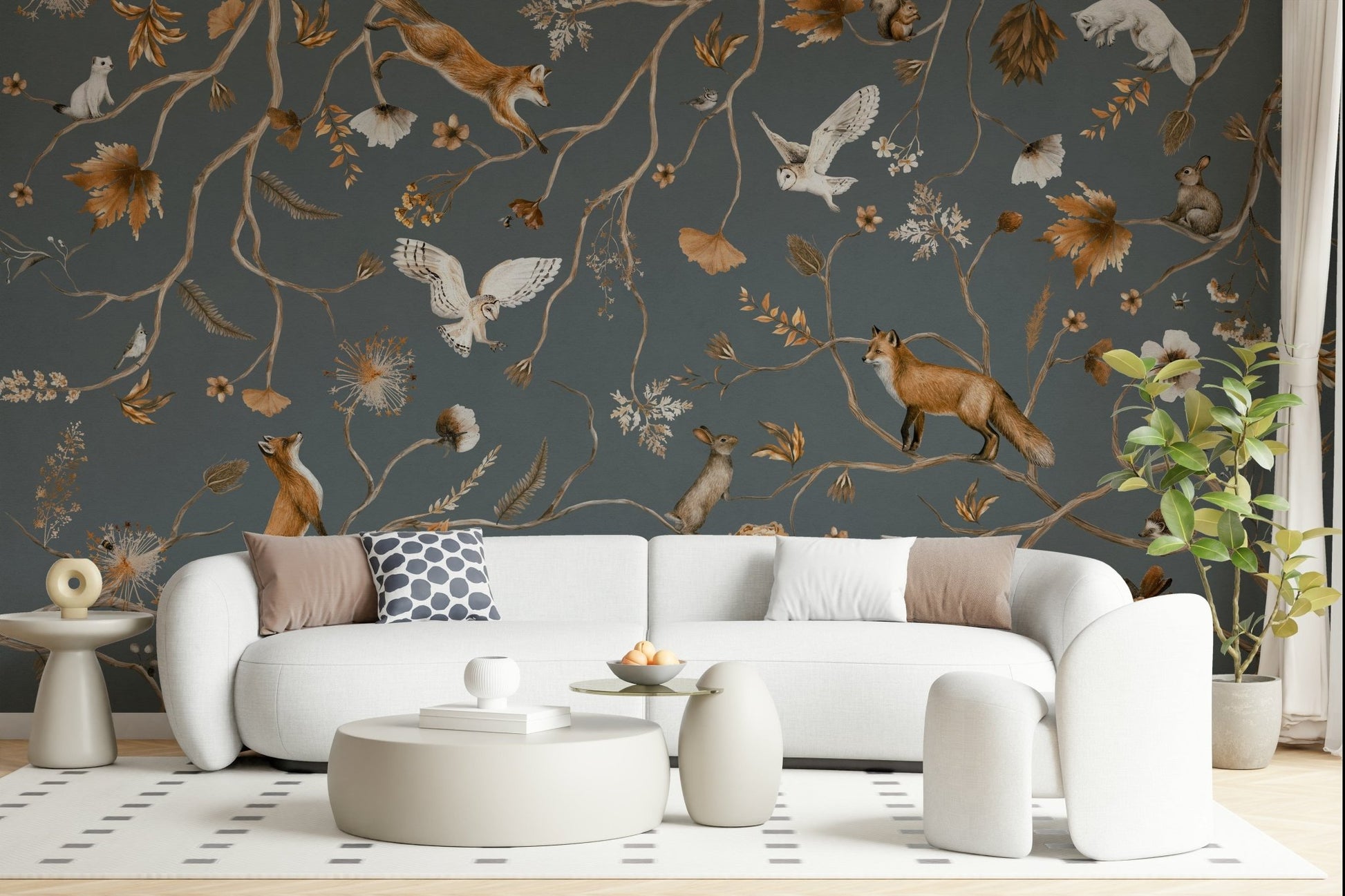 Artistic mural of woodland creatures exploring a mystical forest environment