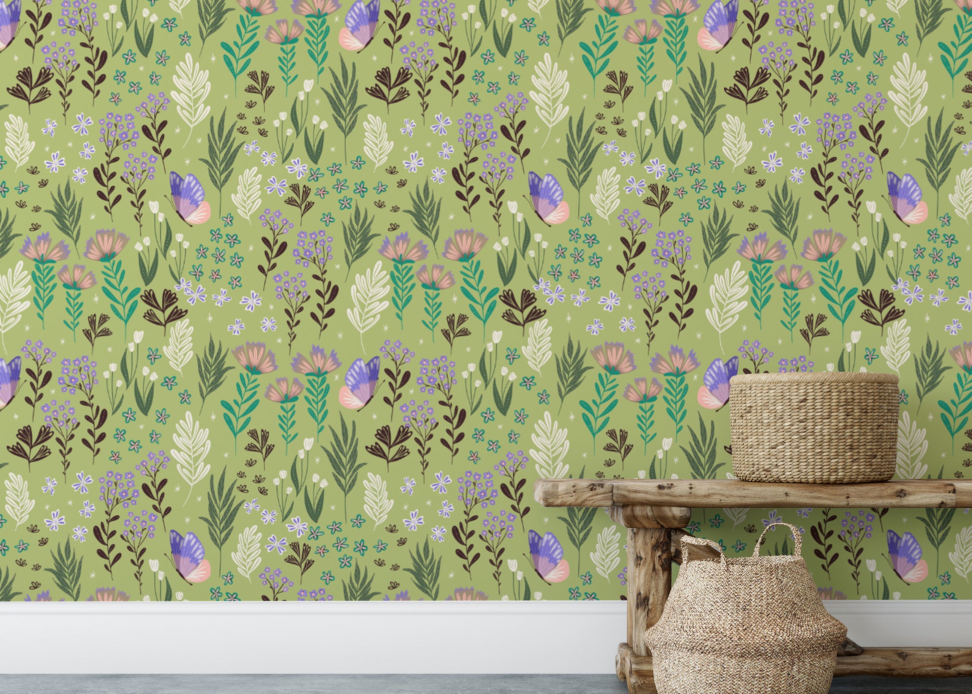 Beautiful butterfly meadow wallpaper with lush green tones.

