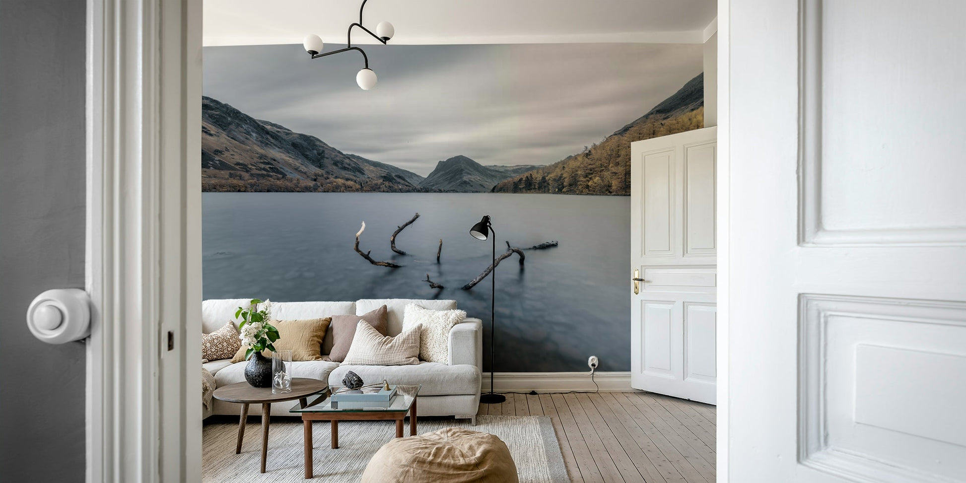 The colors are muted tones of gray, green, and brown.

