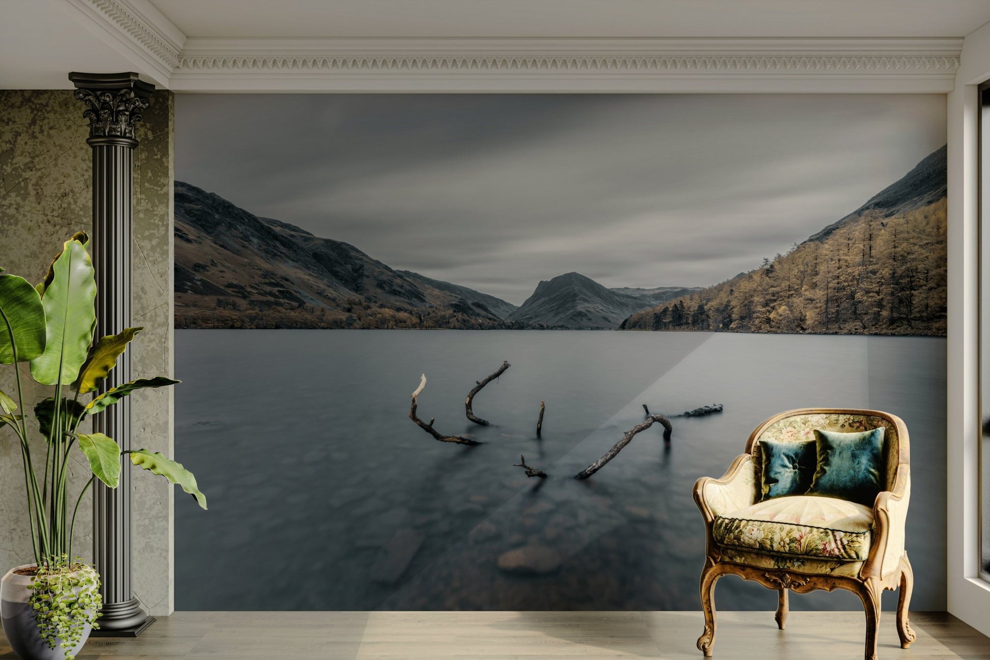 There are some tree branches in the water in the foreground.

