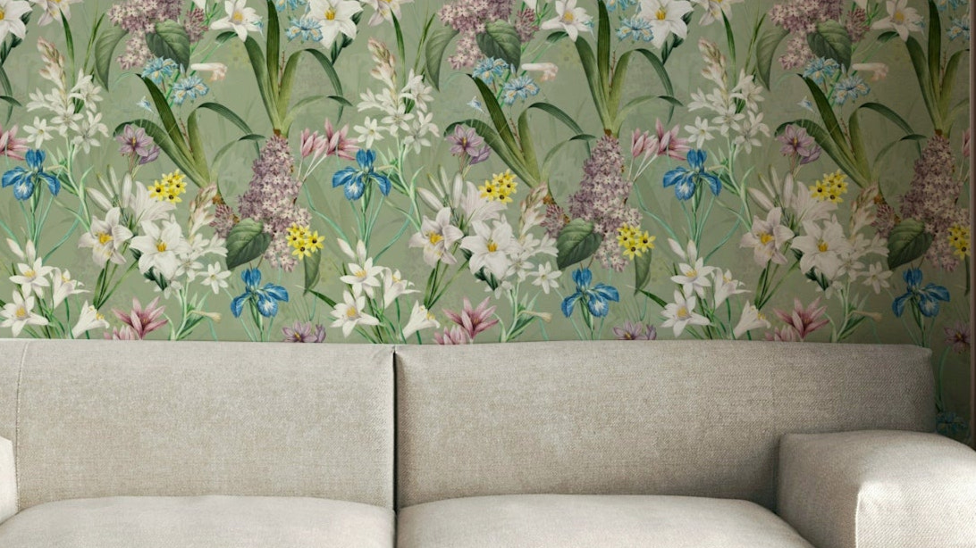 Nature-inspired English Garden Escape wallpaper with pastel tones

