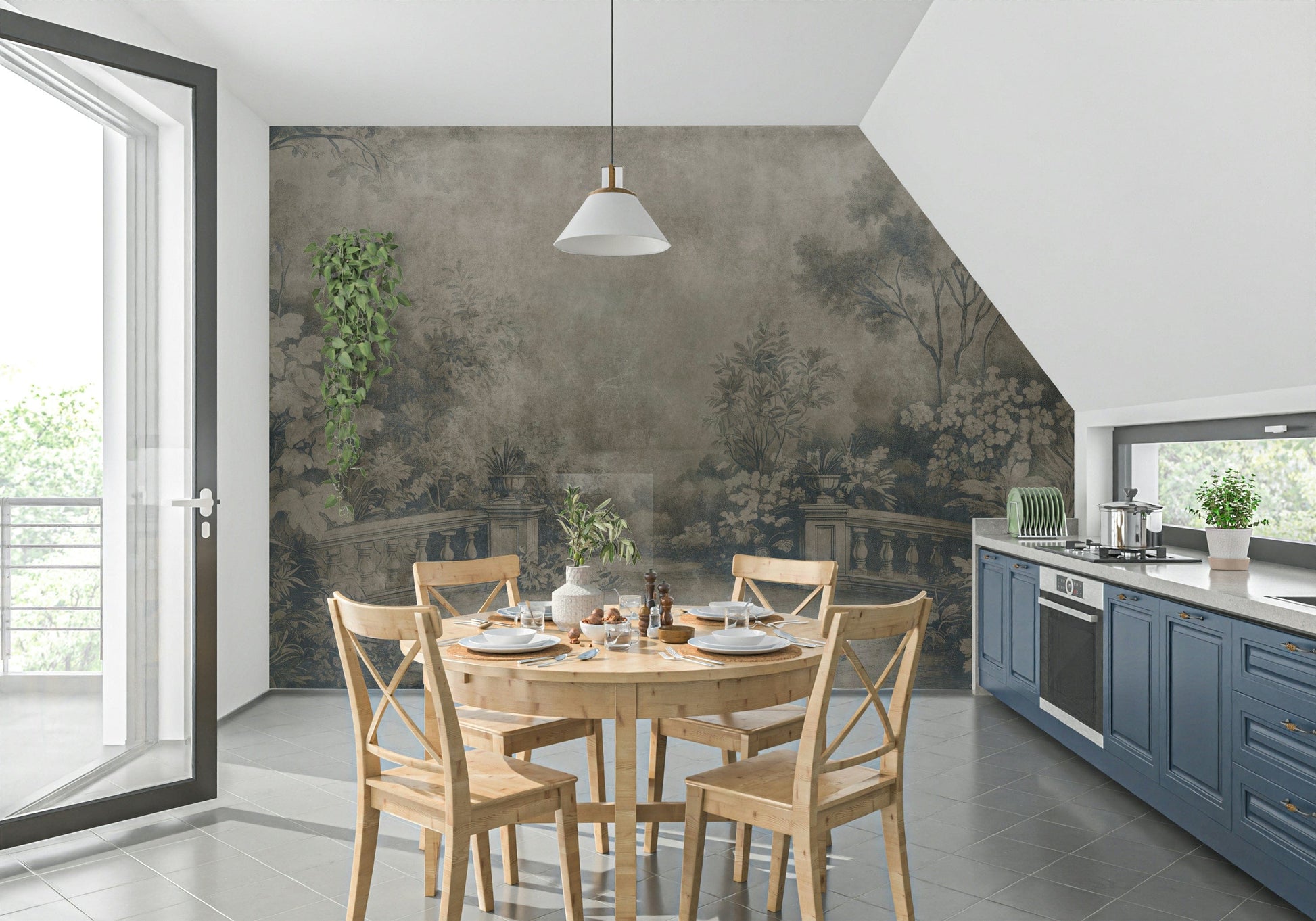 Shadowy Old English Garden wallpaper, woodland setting, stone fence mural.