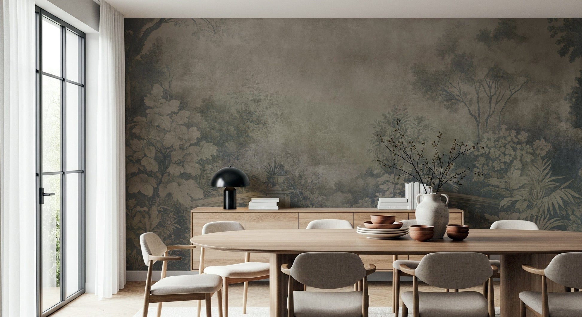 Arched style Smoke mural, period European garden, luxury wallpaper.