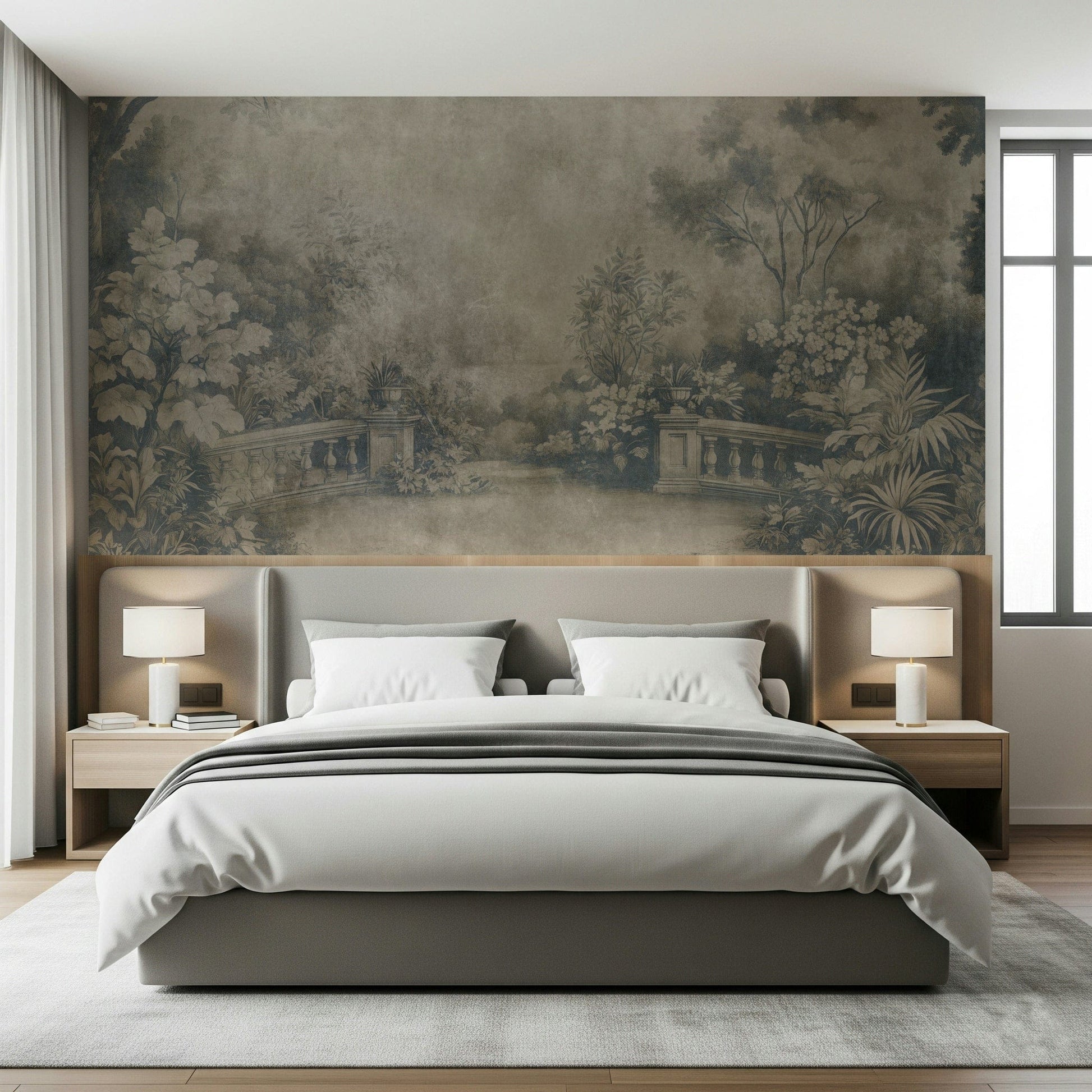 Tranquil Smoke Fresco wallpaper, serene garden artistry, striking mural.