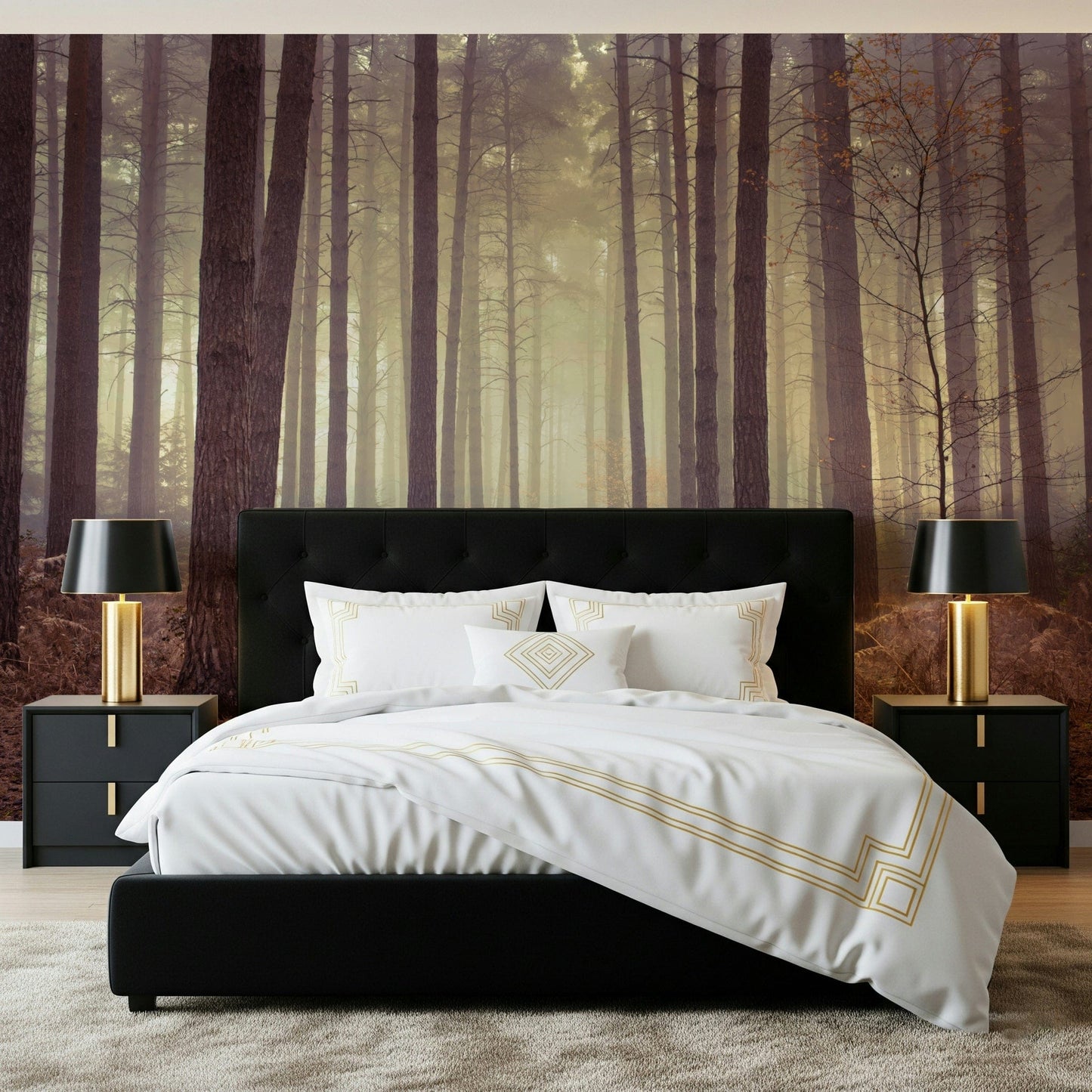 Misty forest wall mural in guest room, evergreen silhouettes, modern nature feature wall