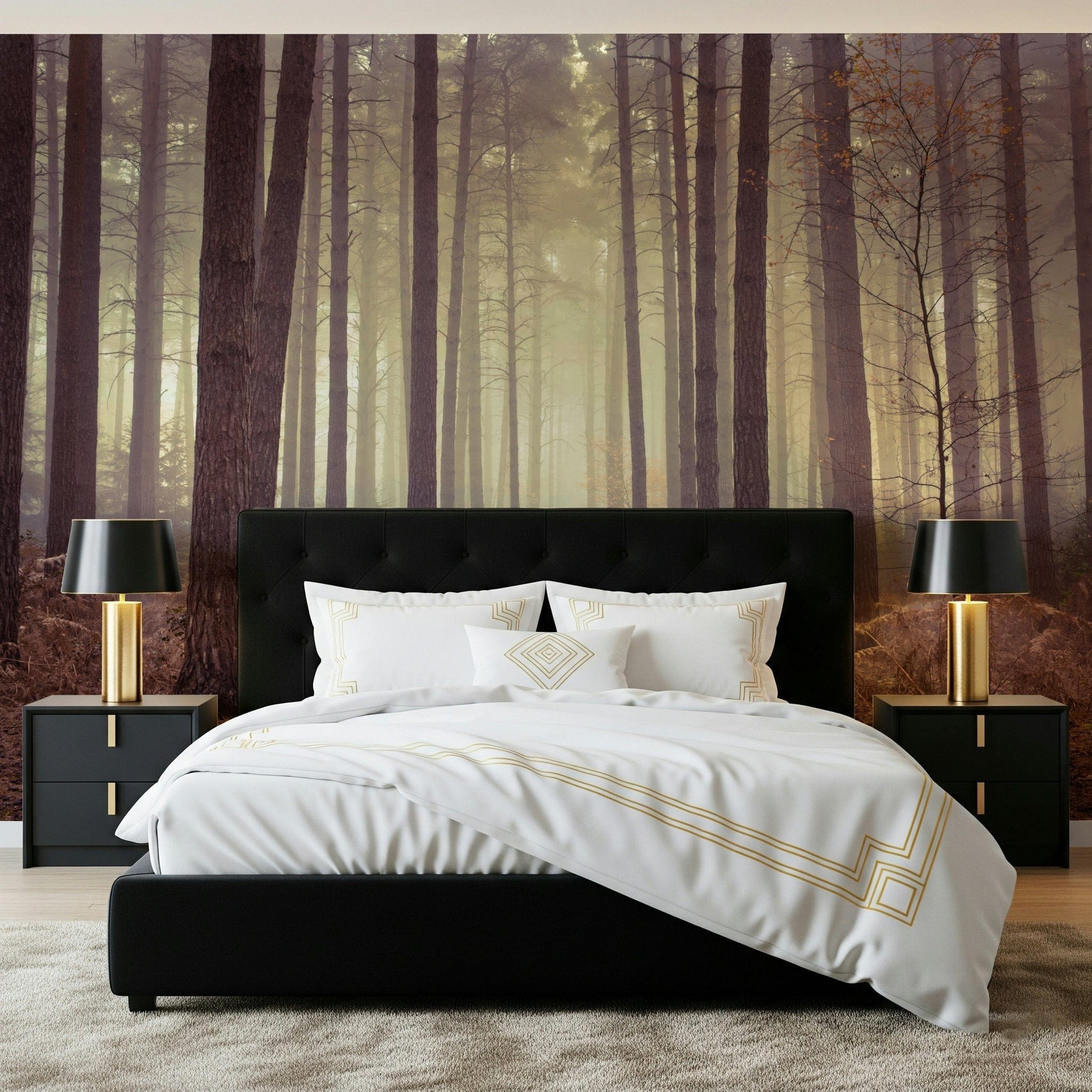 Misty forest wall mural in guest room, evergreen silhouettes, modern nature feature wall